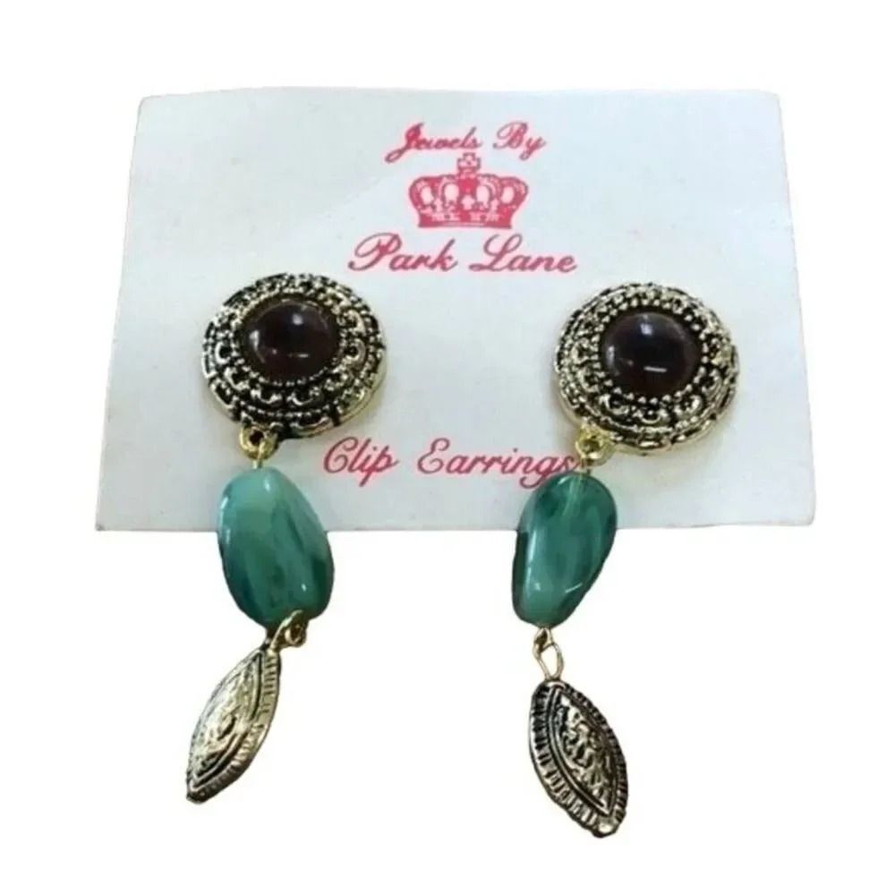 Jewels By Park‎ Lane Clip On Dangle Earrings Gold Tone Green Brown Cabochons
